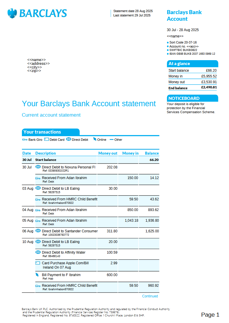 BARCLAYS GBP BANK STATEMENT VERSION 001 Preview