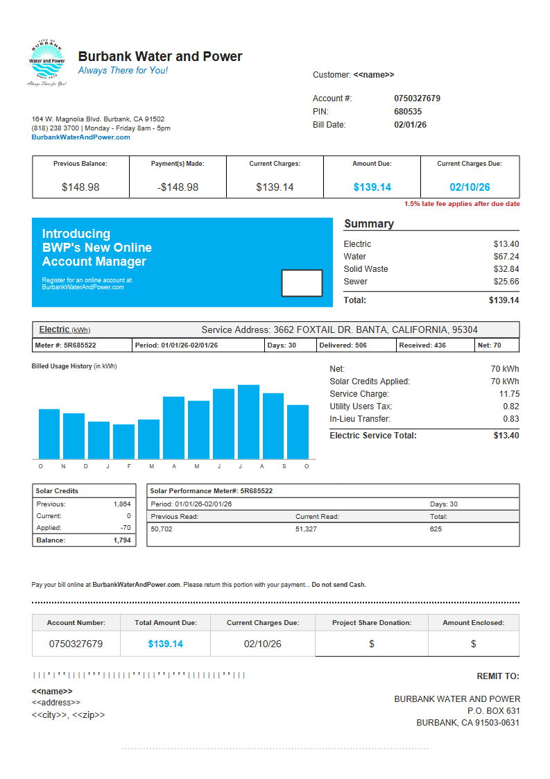 Burbank Water and Power US Utility Bill Preview