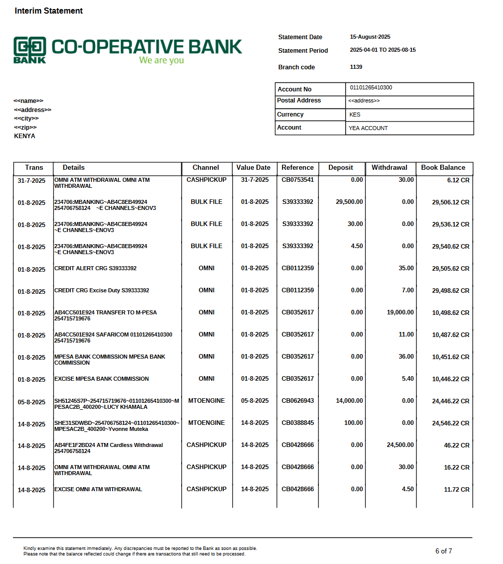 CO-OPERATIVE BANK STATEMENT VERSION 001 Preview