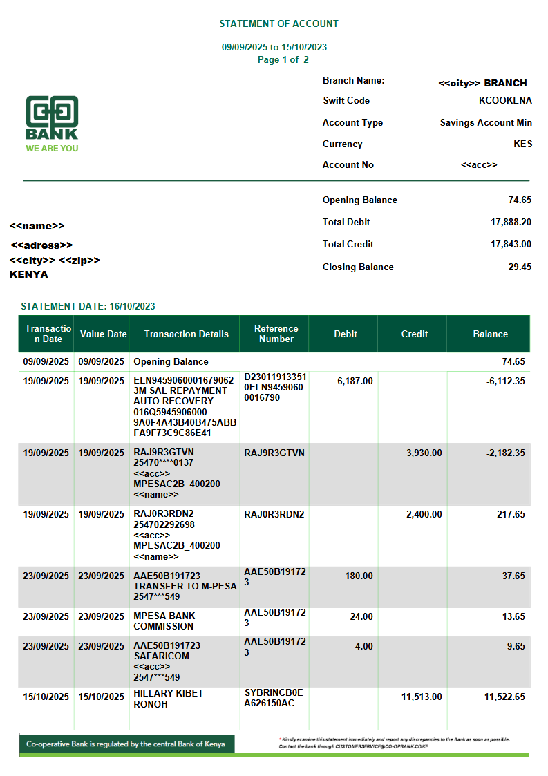 CO-OPERATIVE BANK STATEMENT VERSION 002 Preview