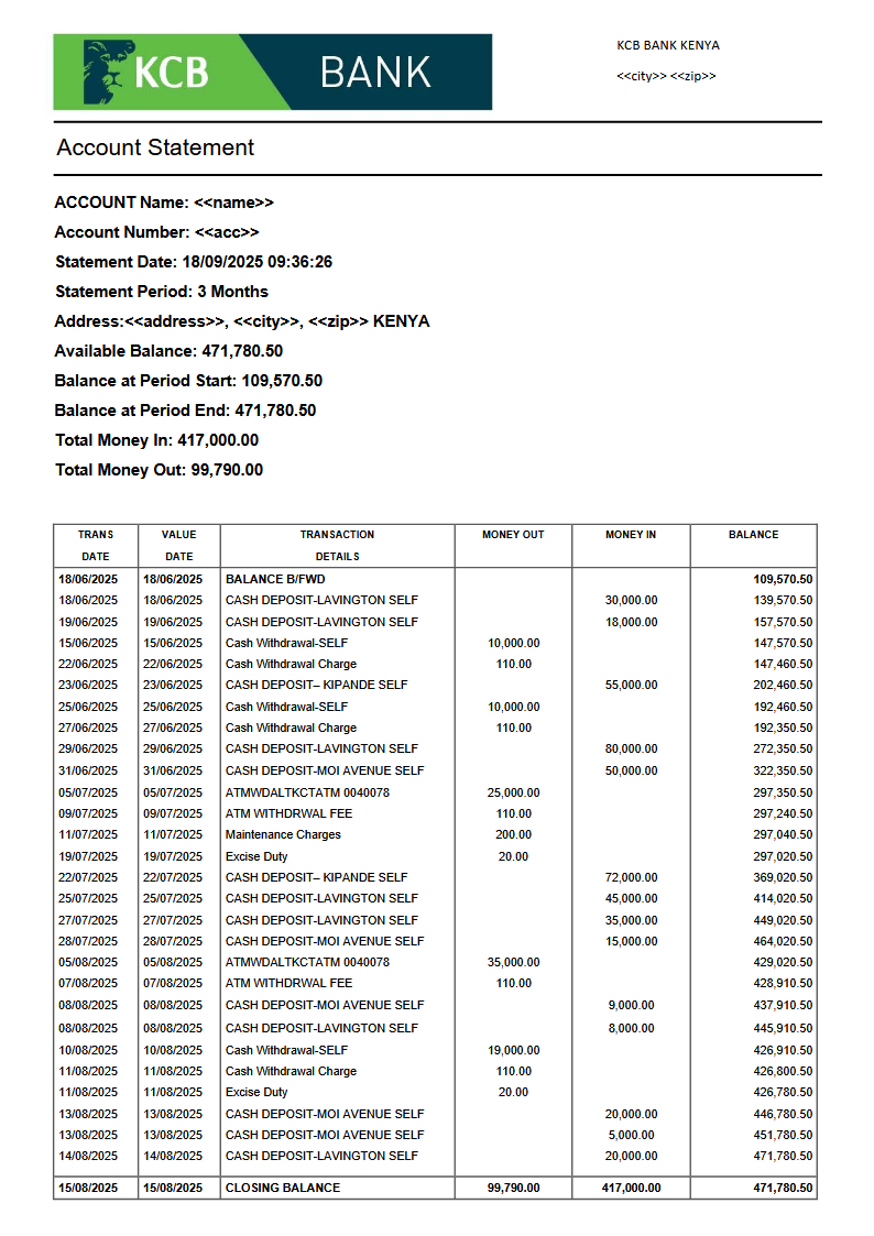 KCB BANK STATEMENT VERSION 002 Preview