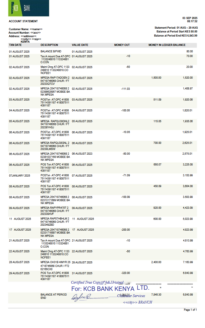 KCB BANK STATEMENT VERSION 003 Preview
