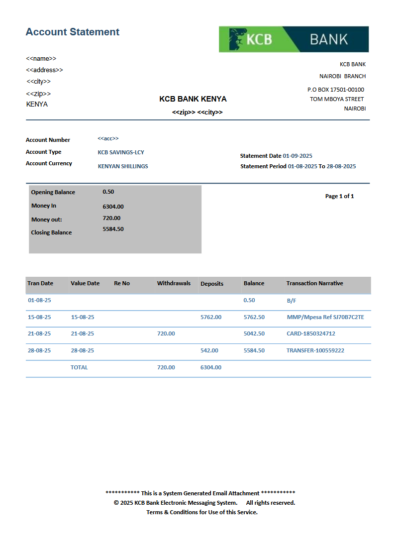 KCB BANK STATEMENT VERSION 004 Preview