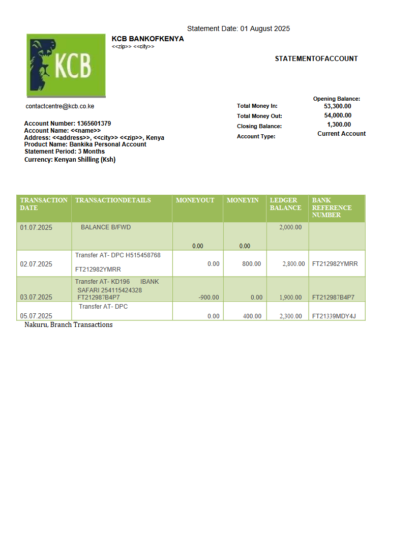 KCB BANK STATEMENT Preview