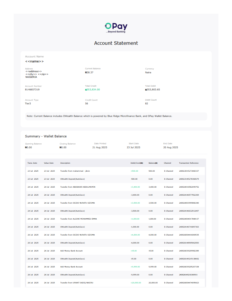 OPAY BANK STATEMENT NIGERIA Preview