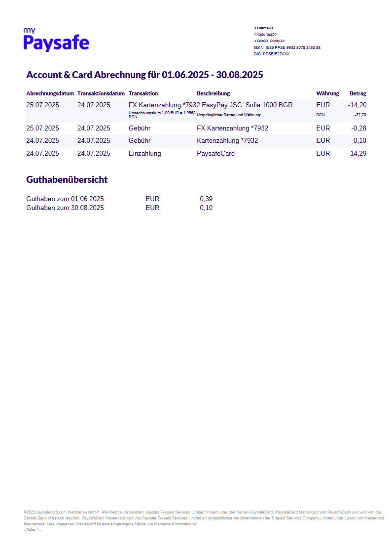PAYSAFE BANK STATEMENT EUR CURRENCY Preview