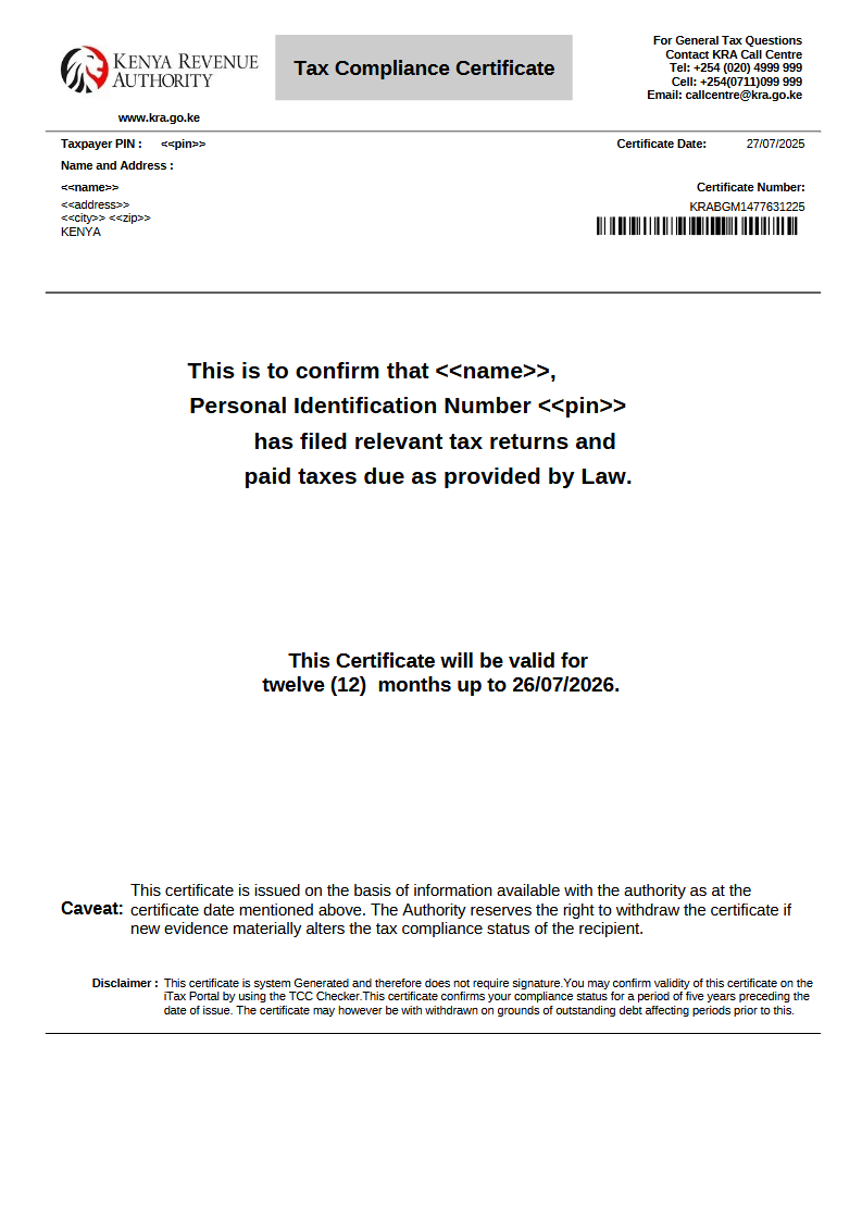 TAX COMPLIANCE CERTIFICATE VERSION 001 Preview