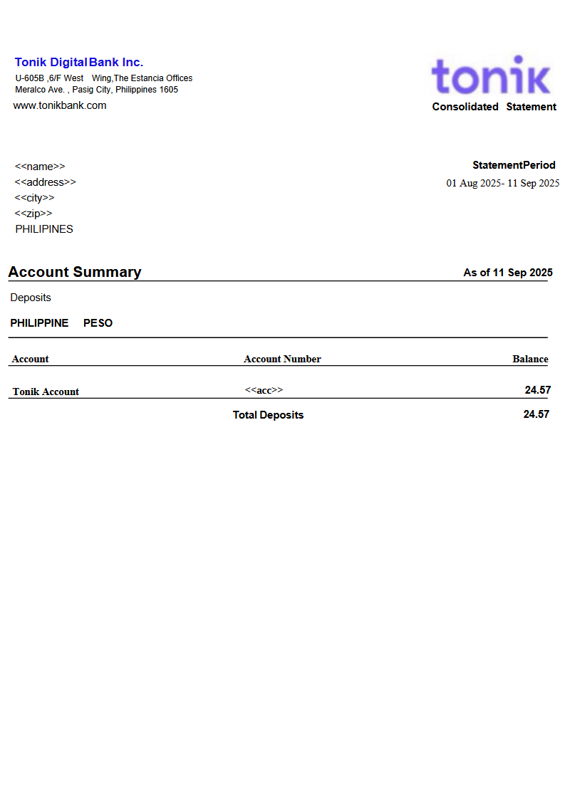 TONIK PHILIPINES CONSOLIDATED BANK STATEMENT Preview