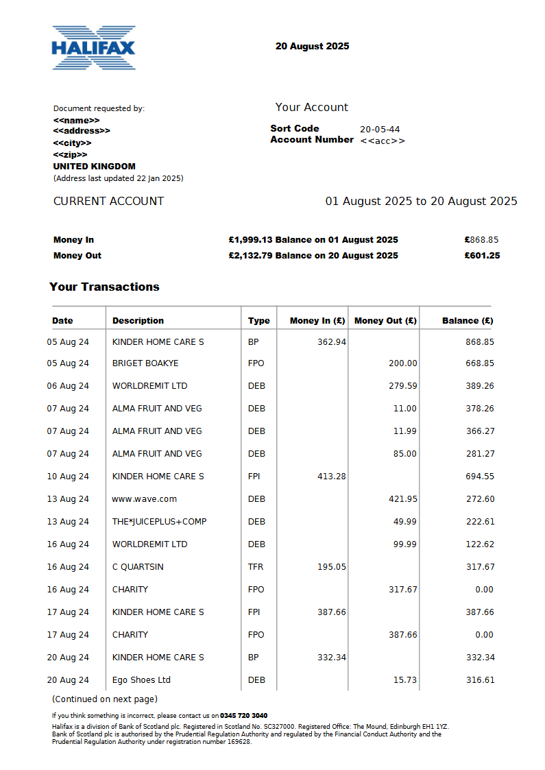 HALIFAX UK BANK STATEMENT VERSION 001 Preview