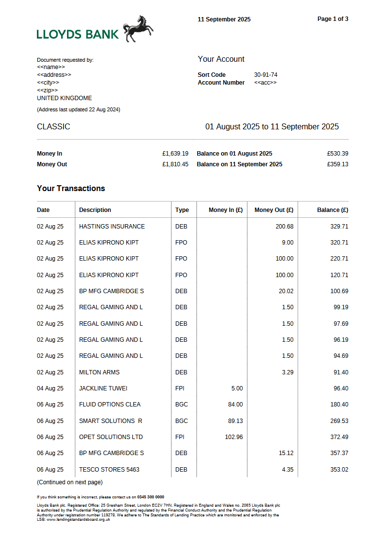 LLYODS UK BANK STATEMENT VERSION 001 Preview