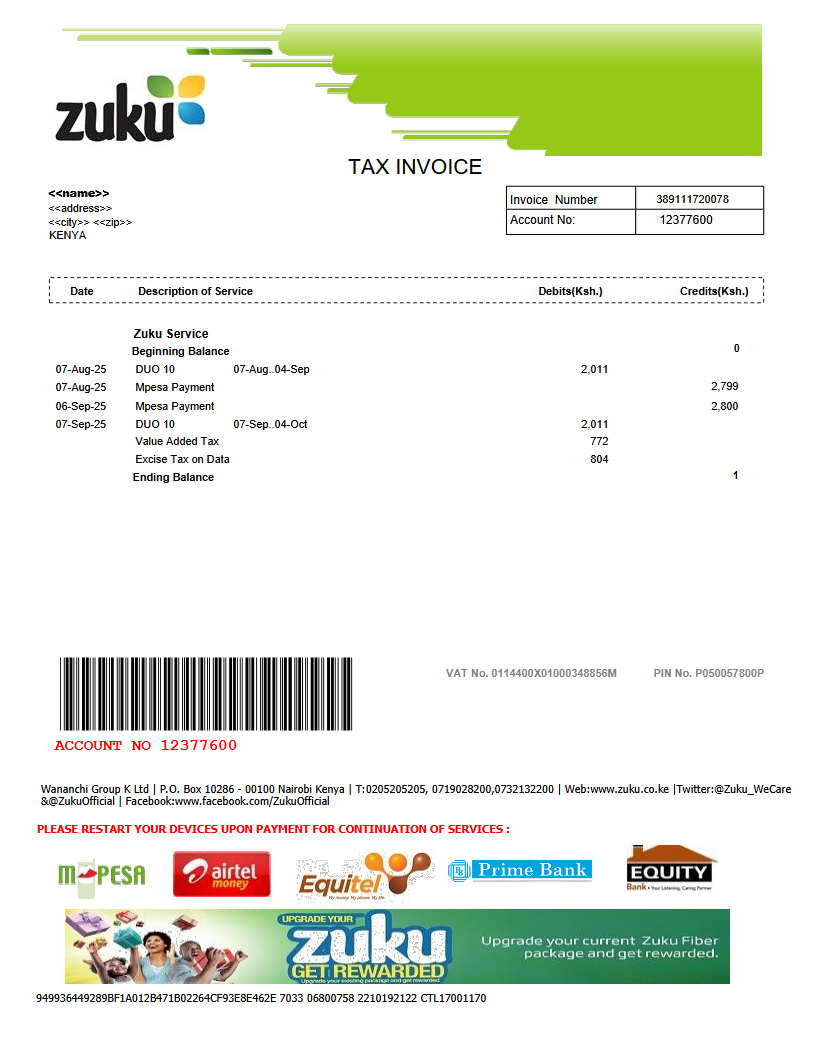 ZUKU INTERNET BILL-UTILITY BILL VERSION 001 Preview