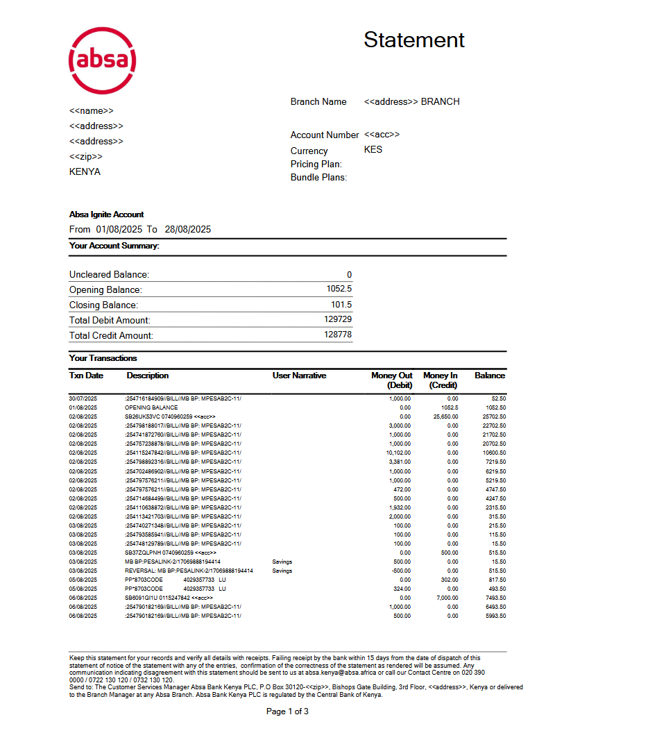 ABSA BANK STATEMENT VERSION 001 Preview