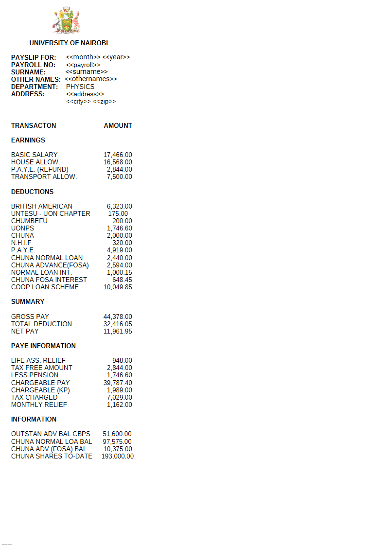 University of Nairobi Payslip Preview