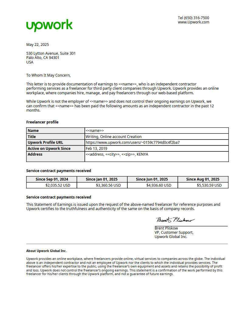 UPWORK PROOF OF SOURCE OF INCOME